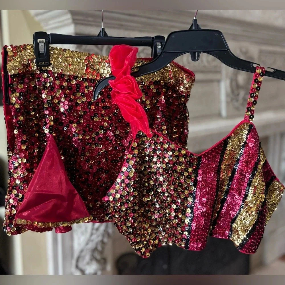 Black Red Gold Sequined Halloween Cheerleader Costume Size Medium Adult Cosplay